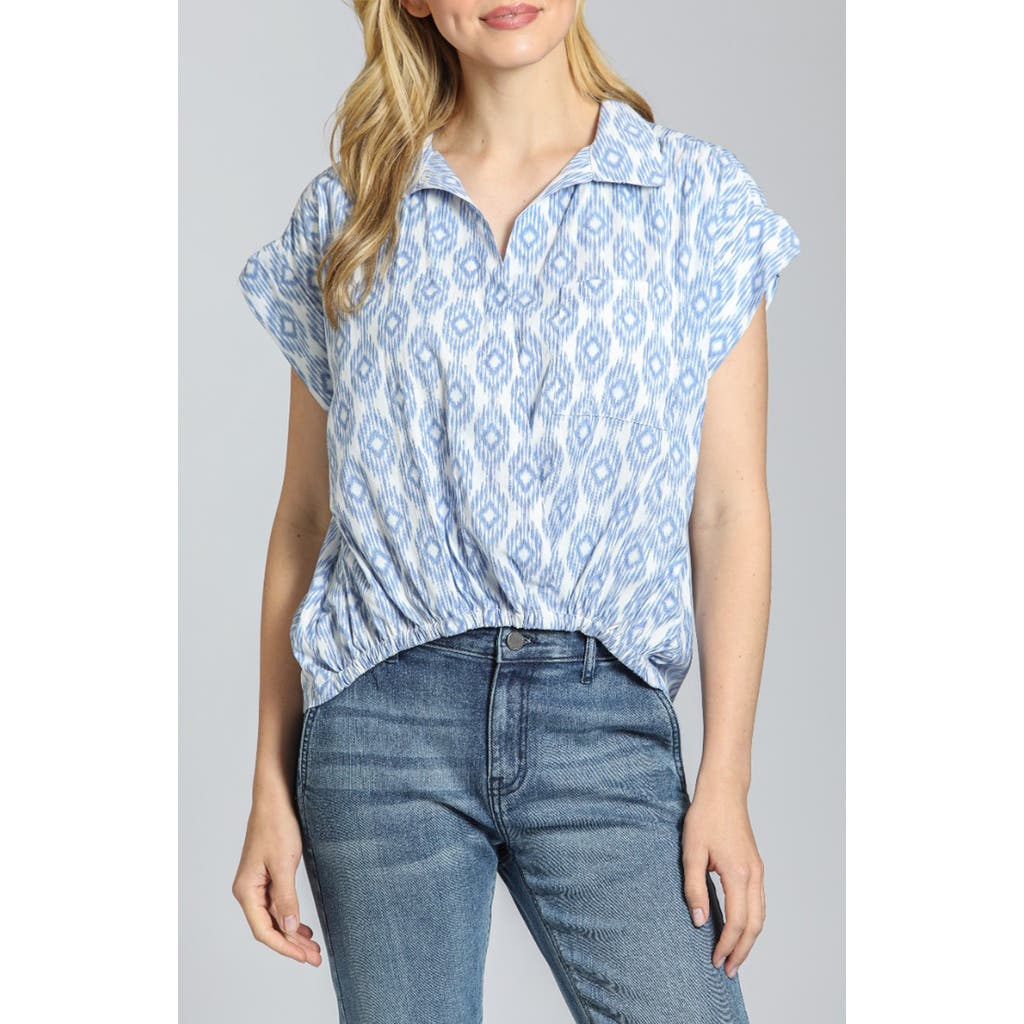 Apny Tab Cuff Print Cotton Top In Blue/white