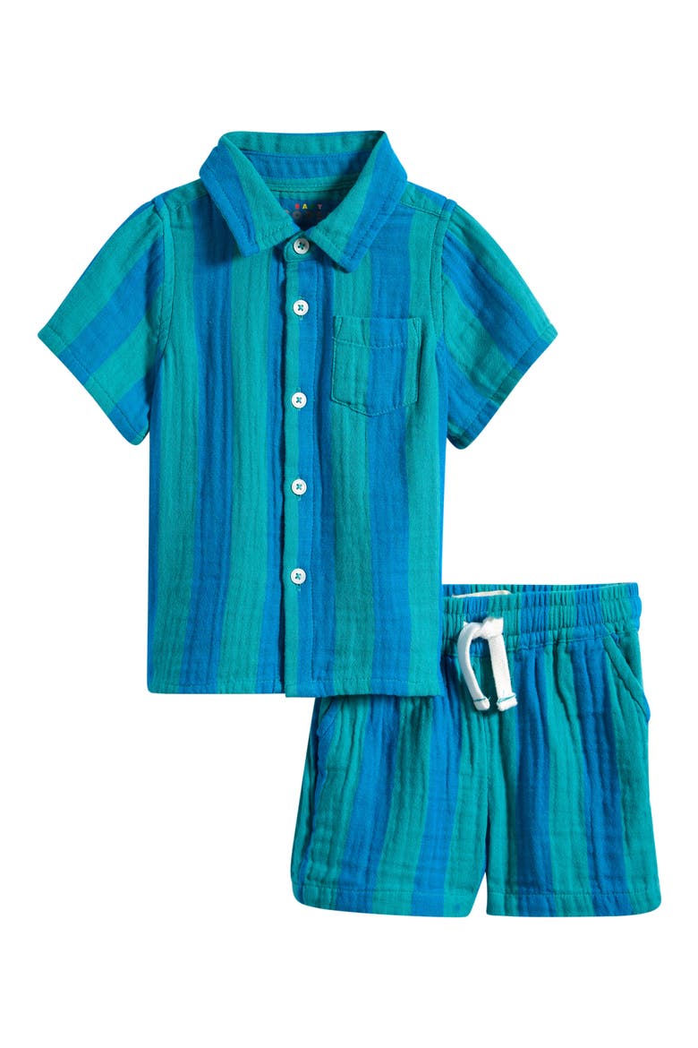 Print Cotton Button-Up Shirt & Shorts Set, Main, color, BLUE AND GREEN STRIPE