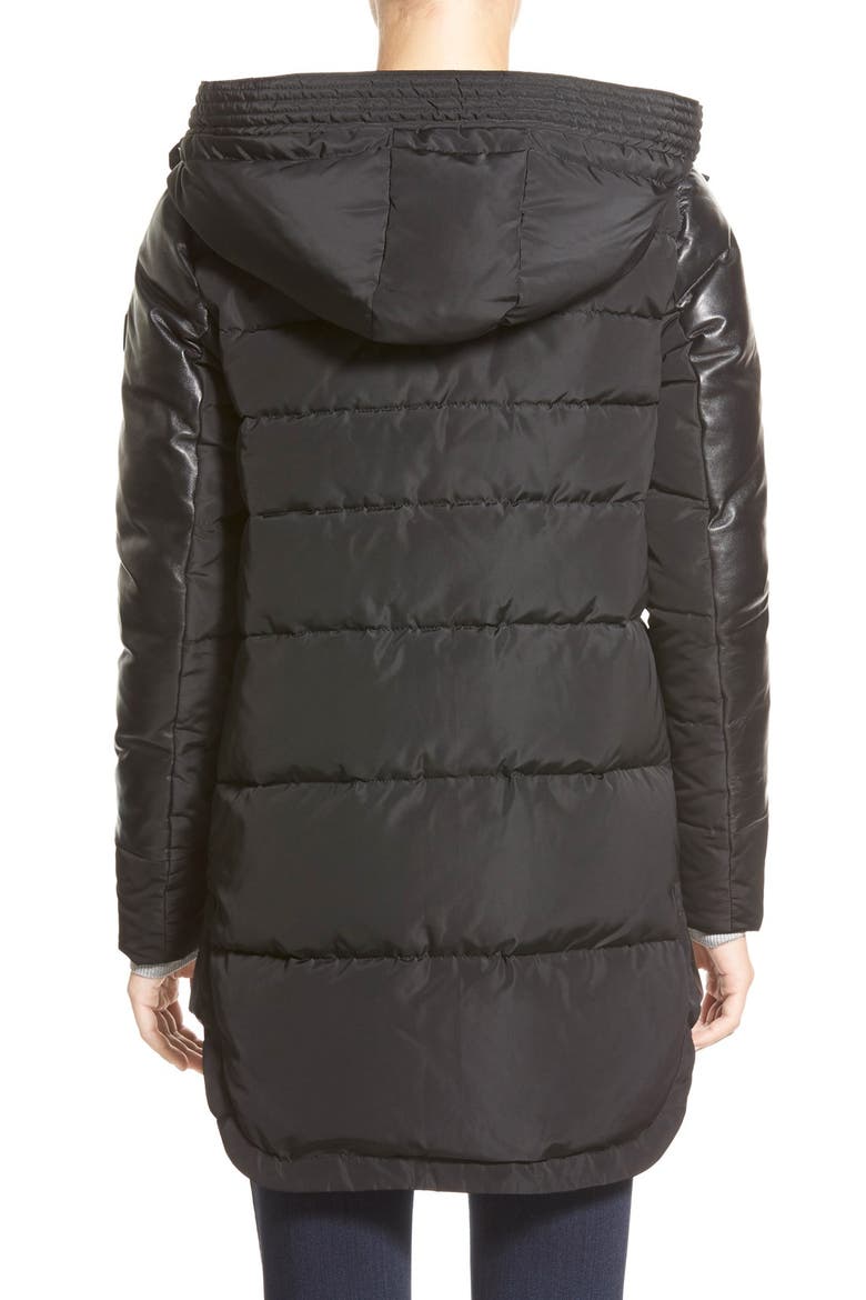 'Calyo' Leather Trim Hooded Down Coat, Alternate, color, BLACK