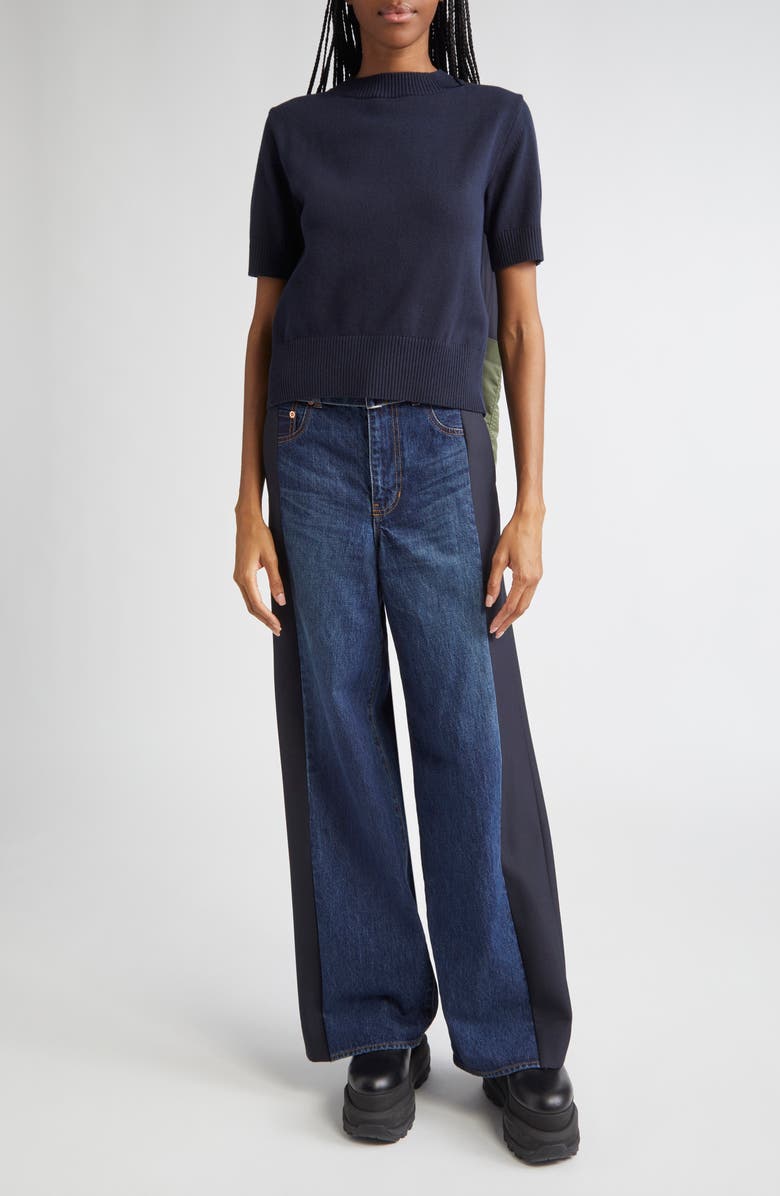 Sacai Mixed Media Nylon Twill & Knit Sweater, Alternate, color, 