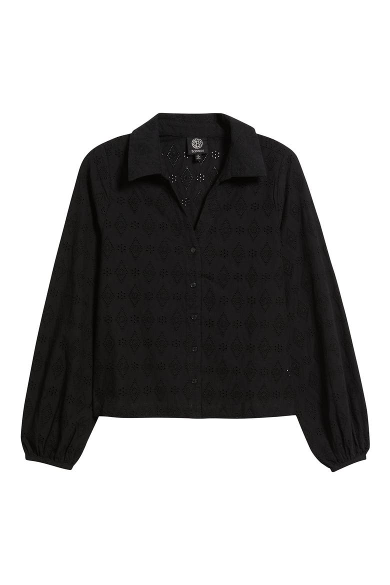 Embroidered Eyelet Cotton Button-Up Shirt, Alternate, color, BLACK
