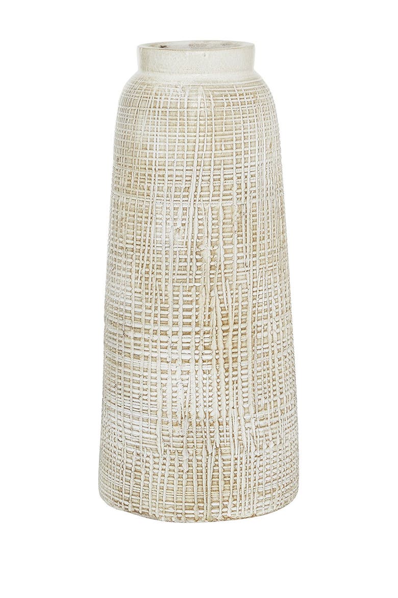 White Ceramic Carved Vase with Crosshatch Design, Main, color, WHITE