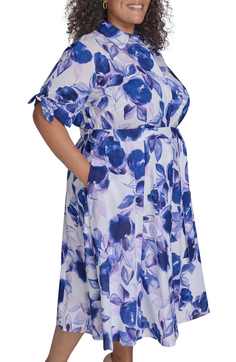 Calvin Klein Floral Tie Short Sleeve Cotton Shirtdress, Alternate, color, Opal Multi