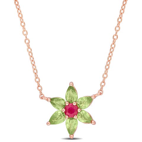 Ruby & Green Sapphire Flower Necklace