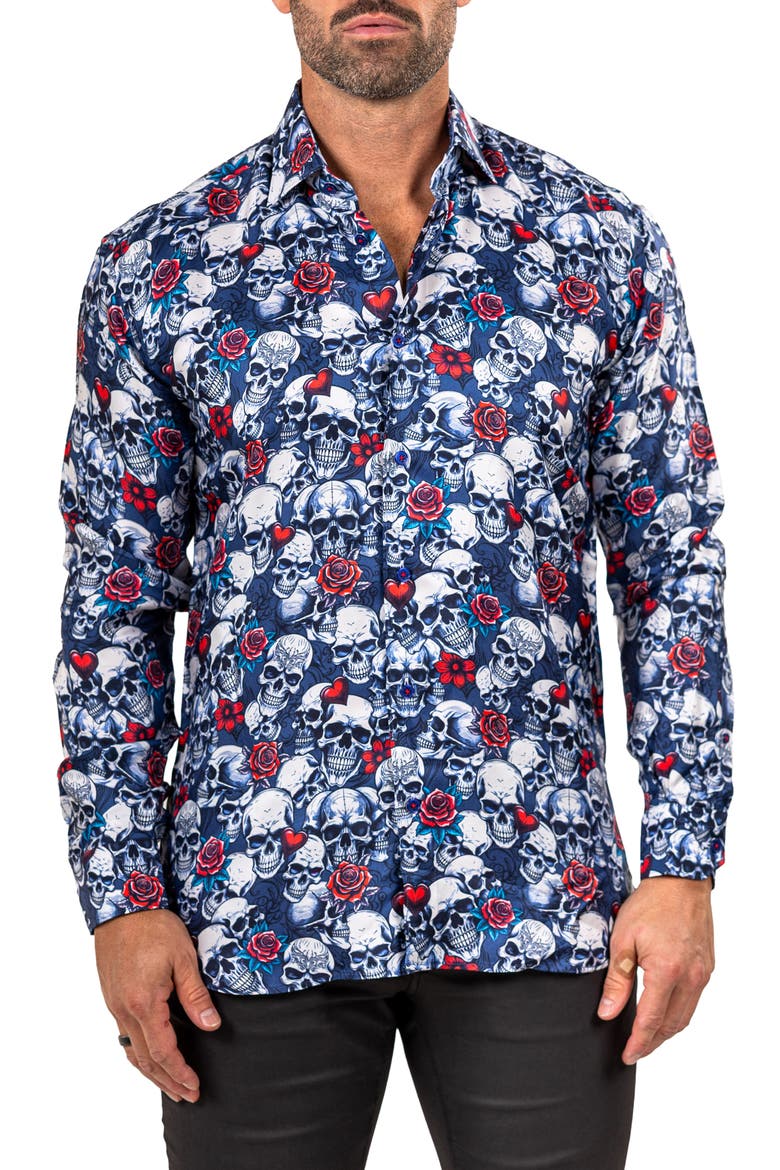 Fibonacci Mathyr0242 Blue Skull Print Button-Up Shirt, Main, color, BLUE