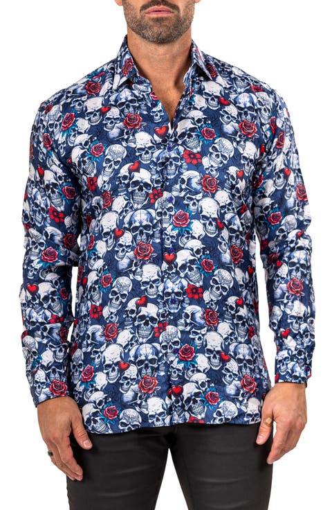 Fibonacci Mathyr0242 Blue Skull Print Button-Up Shirt