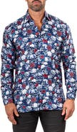 Maceoo Fibonacci Mathyr0242 Blue Skull Print Button-Up Shirt