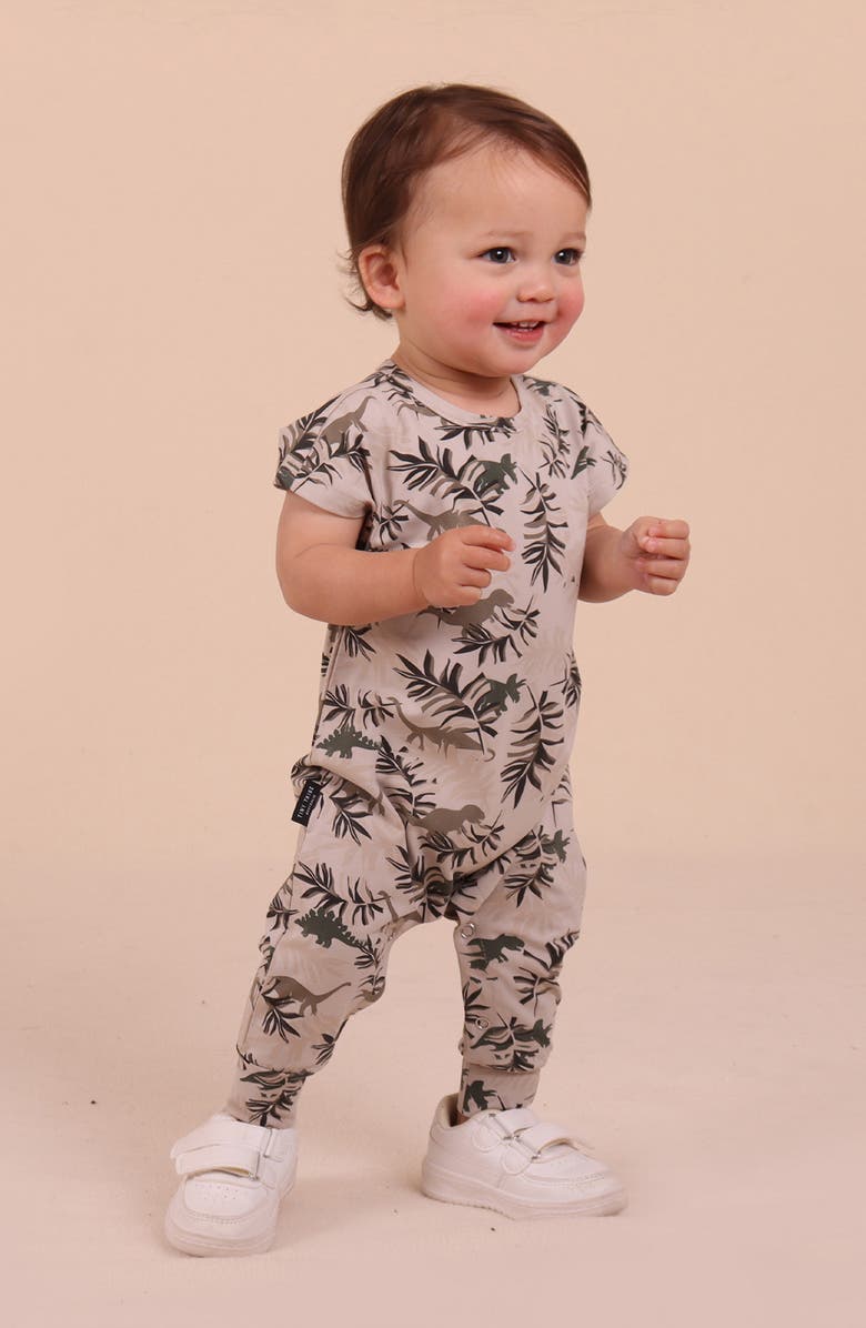 TINY TRIBE Dino Park Stretch Cotton Romper, Alternate, color, Beige Multi