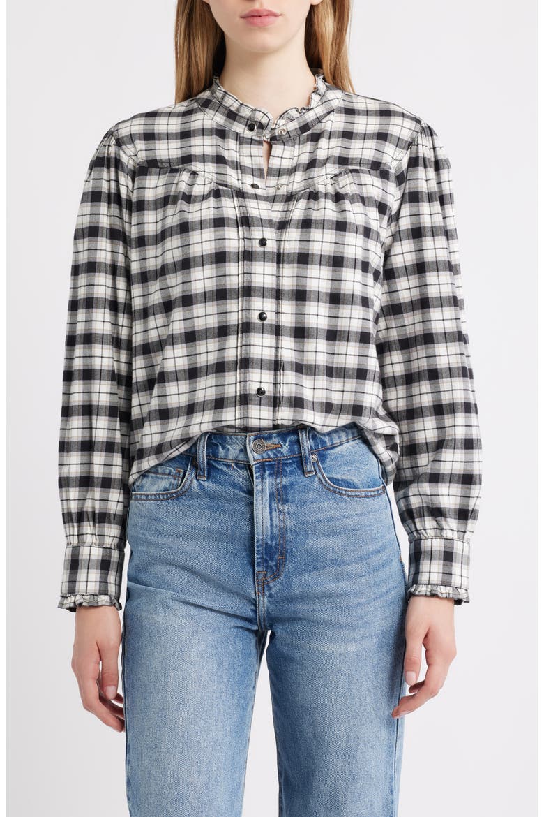 Alanna Ruffle Plaid Snap-Up Shirt, Main, color, IVORY SMOKE ONYX