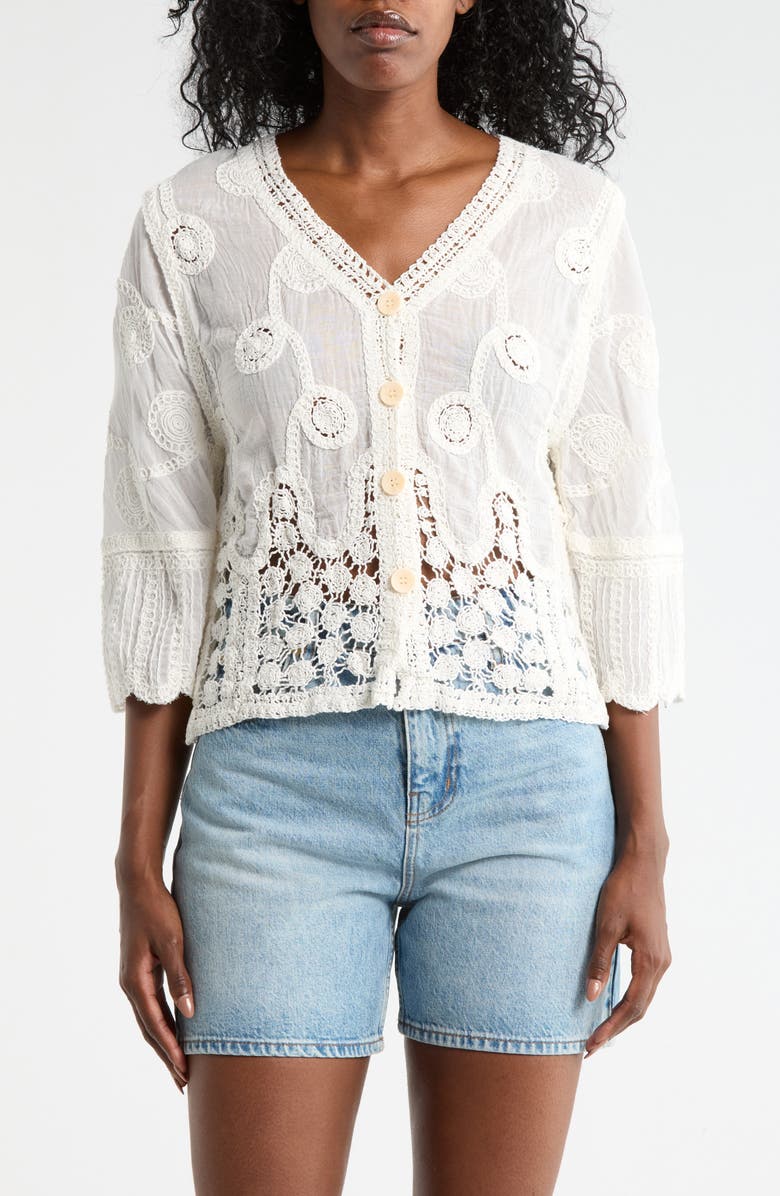 Forgotten Grace Mixed Media Button-Up Shirt, Main, color, White