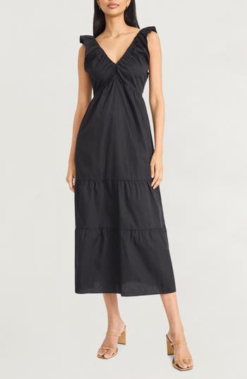 The Good Journey Ruffle Strap Empire Waist Tiered Cotton Midi Dress In Black