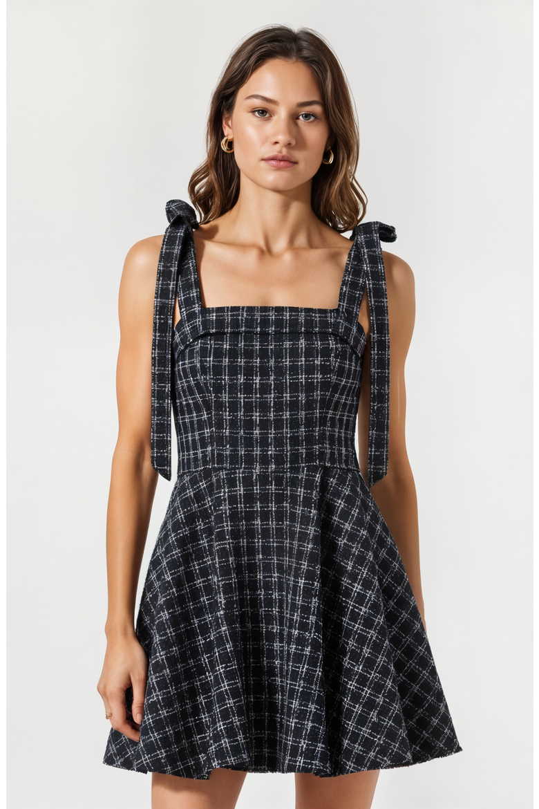 Plaid Mini Dress with Tie-Strap Shoulders and Square Neckline, Main, color, Black / White Plaid