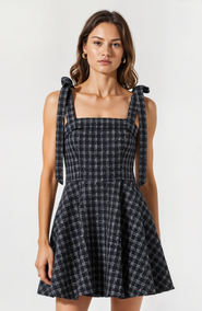 Modenaire Plaid Mini Dress with Tie-Strap Shoulders and Square Neckline