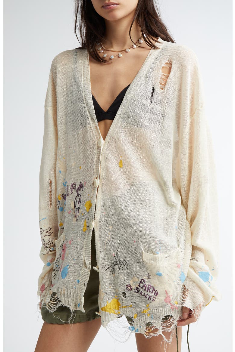 Distressed Oversize Scribble Print Boyfriend Cardigan, Alternate, color, CREAM PAINT SPLATTER SCRIBBLES