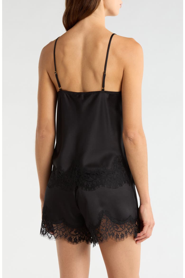 Lace Trim Satin Shortie Pajamas, Alternate, color, BLACK