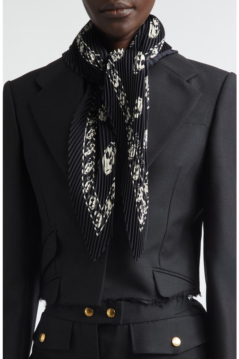 Classic Skull Print Pleated Silk Square Scarf, Alternate, color, BLACK/ IVORY