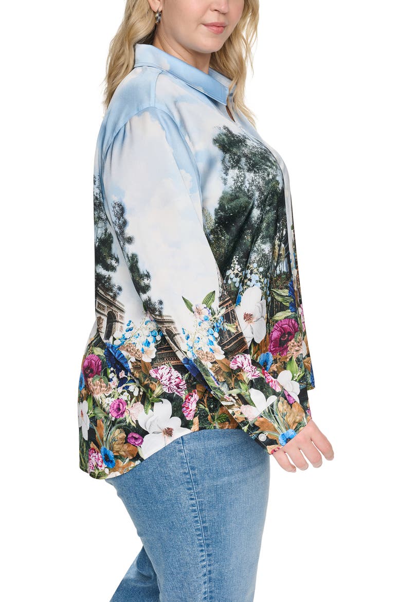Paris Scene Button-Up Blouse, Alternate, color, STEEL BLUE MULTI