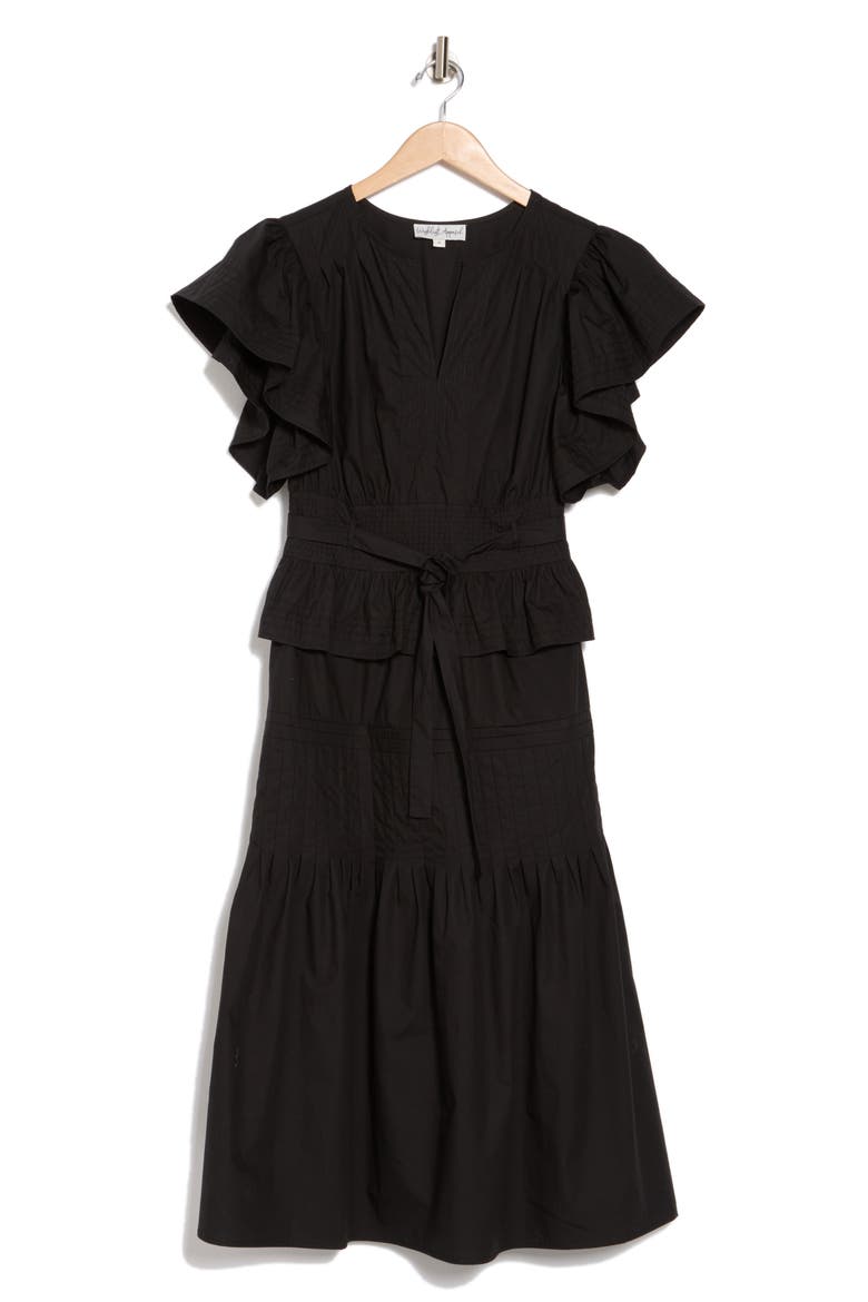 Tiered Ruffle Midi Dress, Alternate, color, BLACK