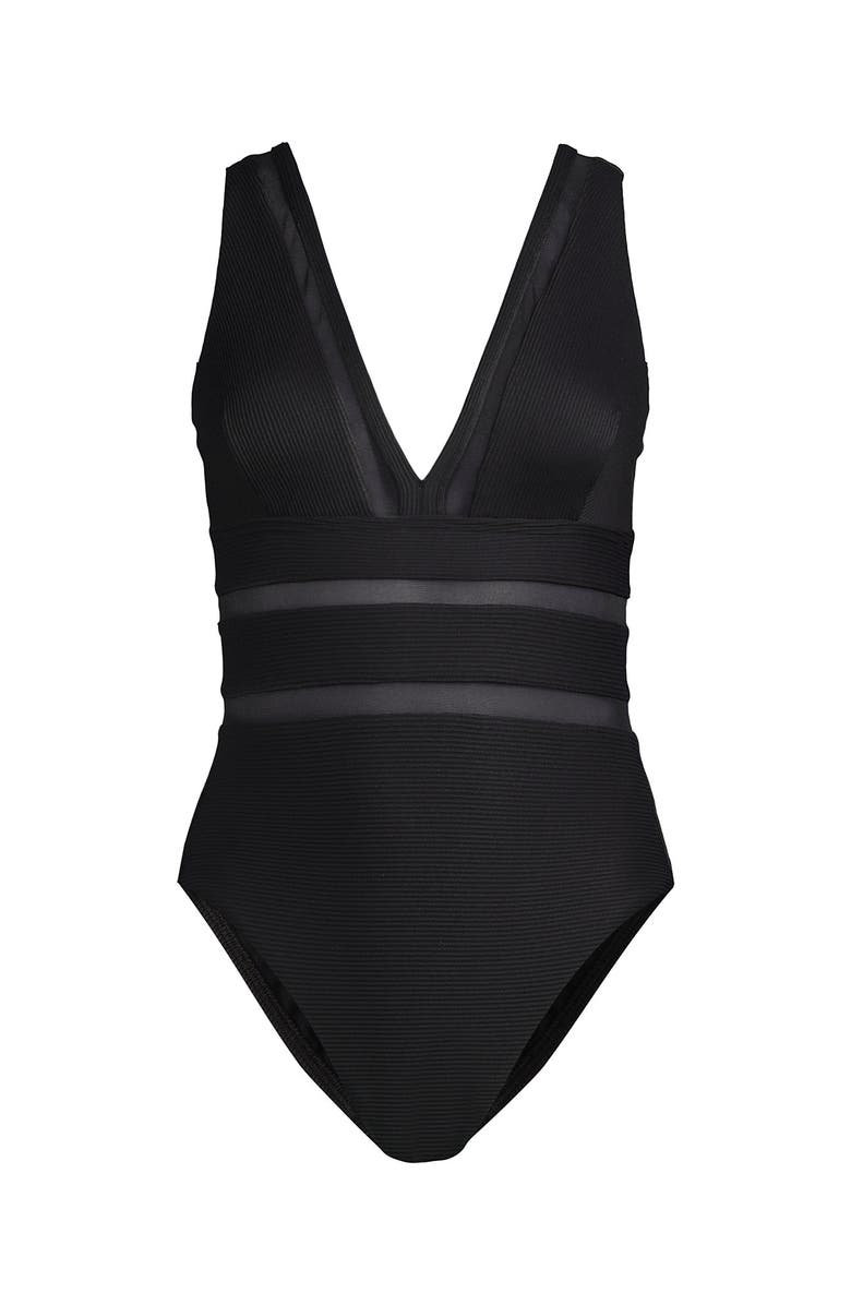 Lands' End Mesh Plunge High Leg One Piece Swimsuit, Alternate, color, Black Ottoman