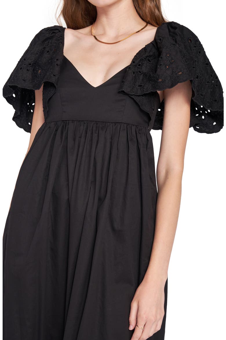 Eyelet Detail Flutter Sleeve Poplin Maxi Dress, Alternate, color, BLACK