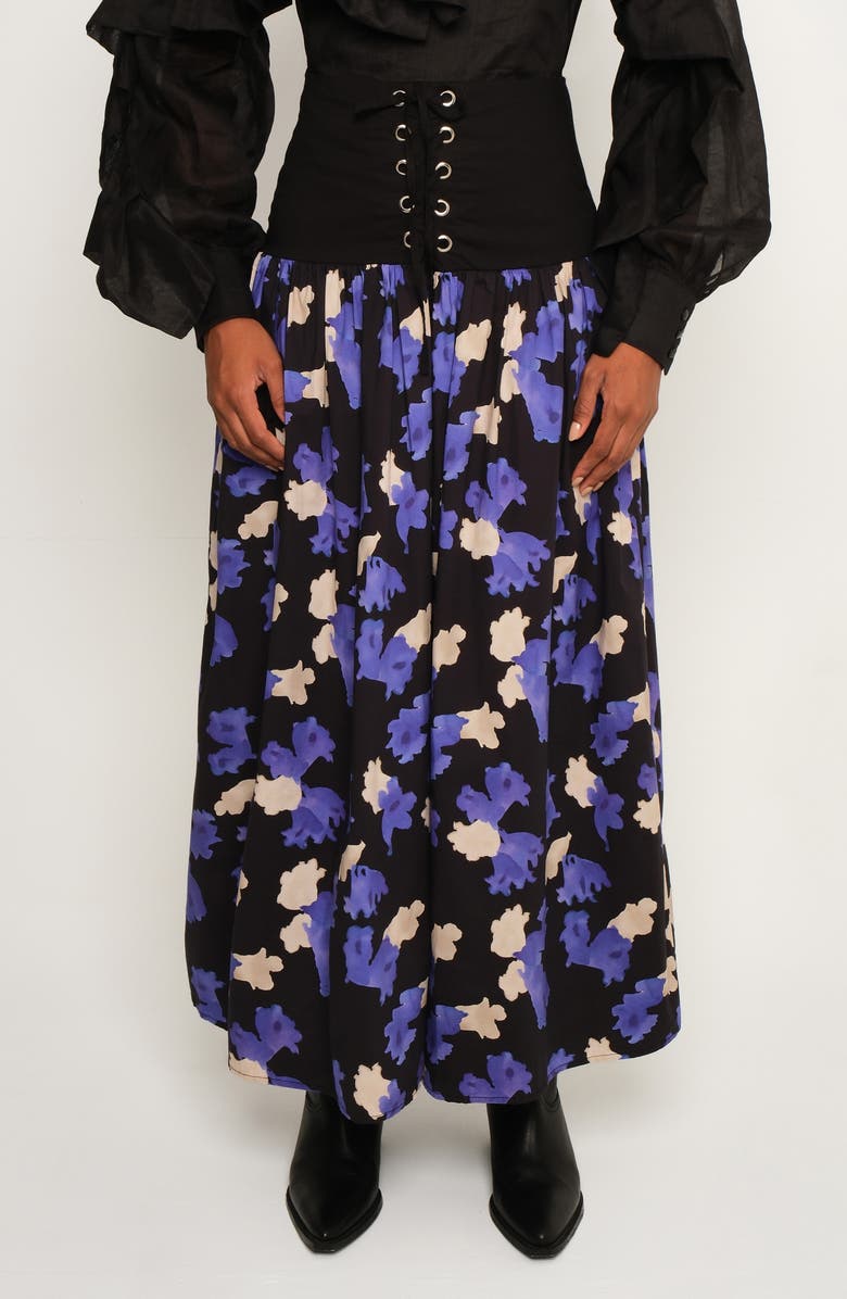 The Lulo Project The Sentinel Lace-Up Floral Print Maxi Skirt, Main, color, Jacaranda