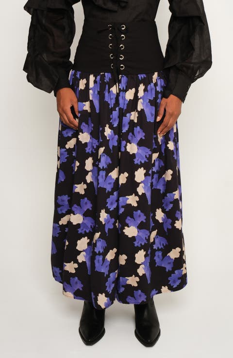 The Sentinel Lace-Up Floral Print Maxi Skirt