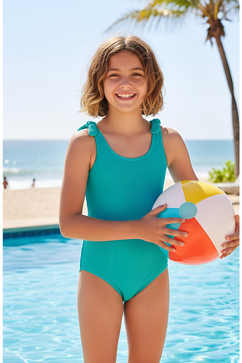 Crinkle Bow Tie One Piece, Alternate, color, Turquoise