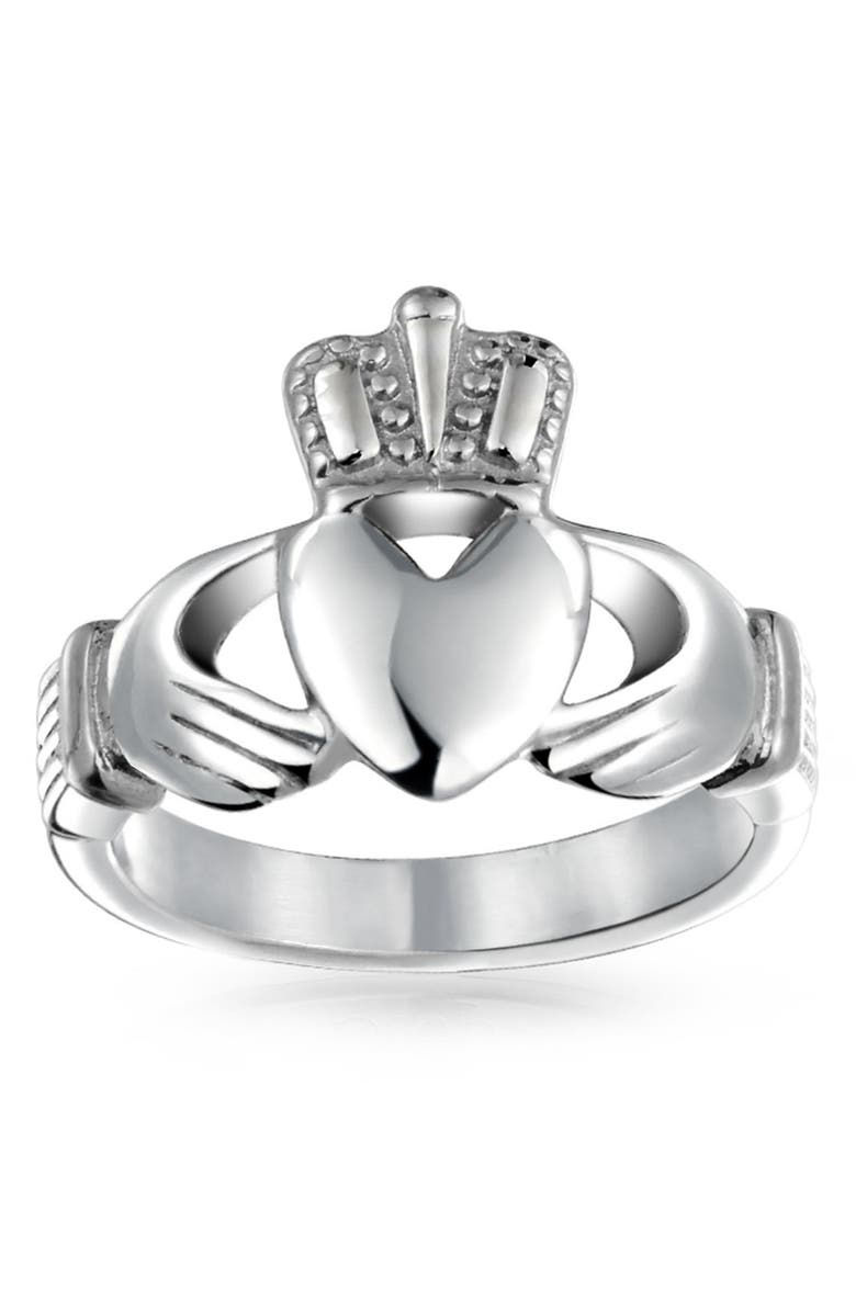 BLING JEWELRY BFF Stainless Steel Celtic Irish Claddagh Ring, Alternate, color, Silver