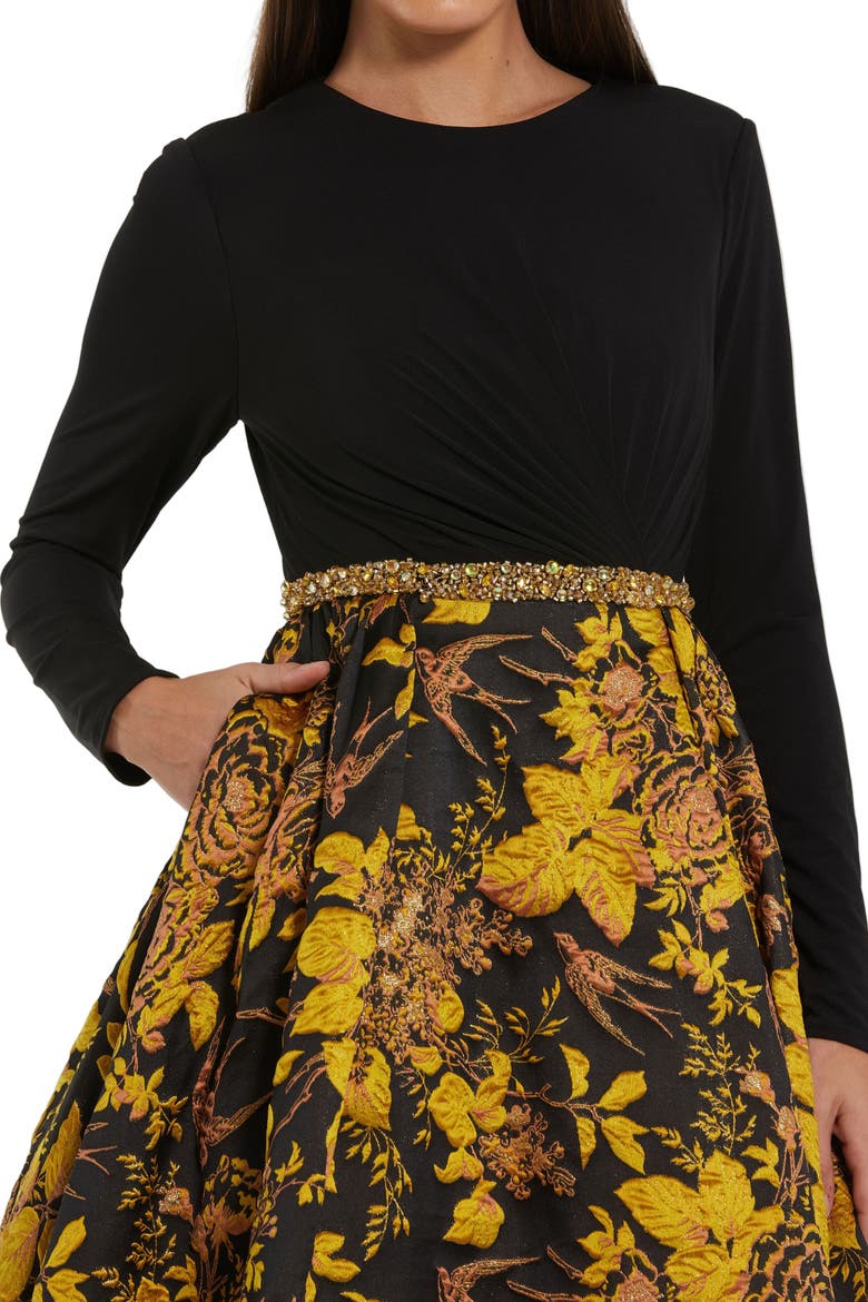 High Neck Long Sleeve Jersey And Brocade Ballgown, Alternate, color, Black Gold