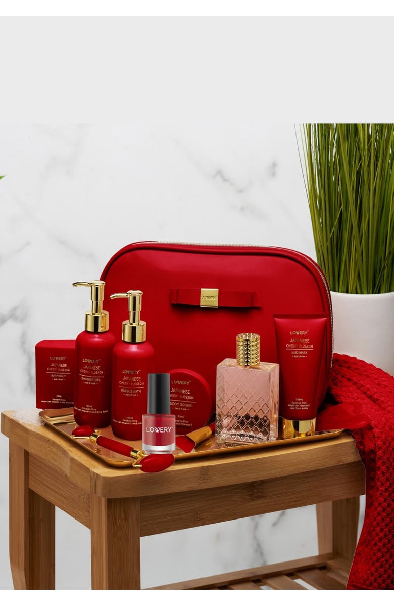 Lovery Luxury Japanese Cherry Blossom Bath and Body Beauty Kit with Leather Bag, Alternate, color, Red, Gold