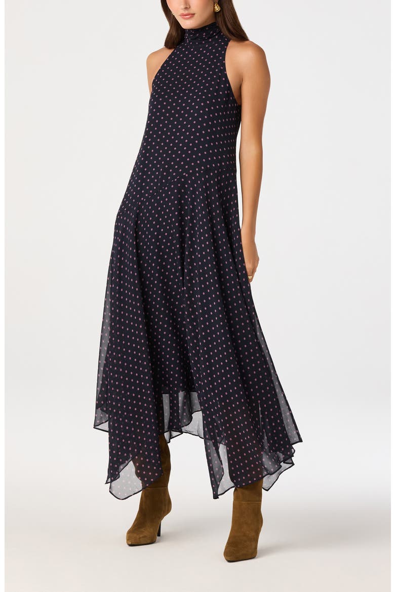 Tiana Polka Dot Mock Neck Midi Dress, Alternate, color, NAVY PINK POLKA DOT