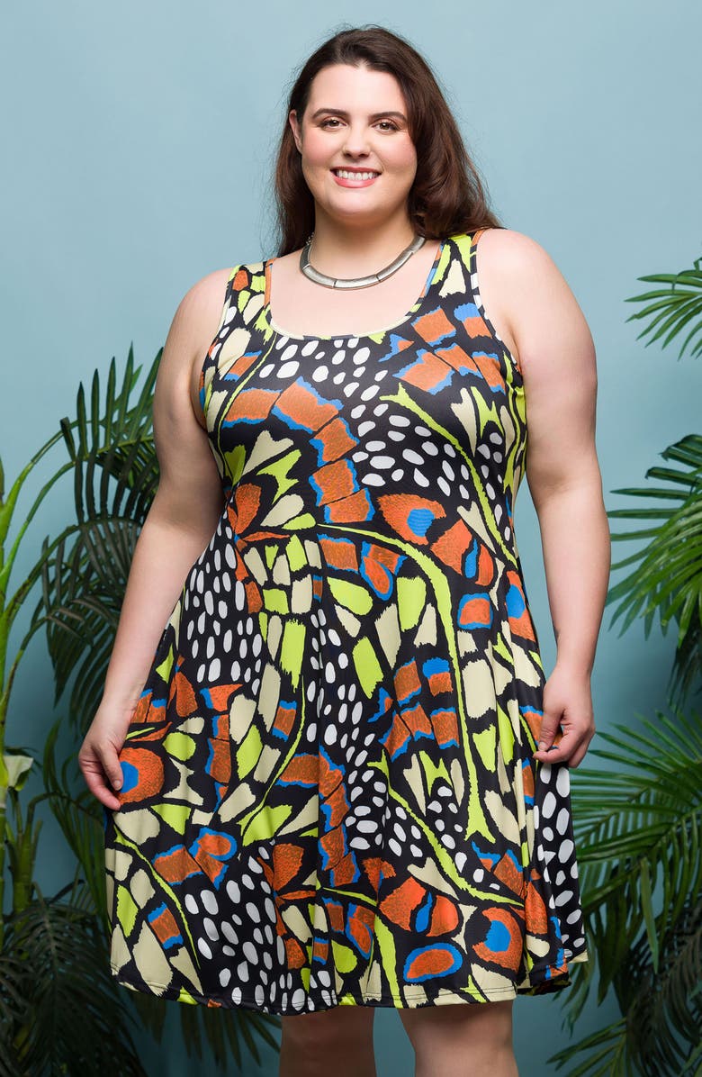 24seven Comfort Apparel Print Sleeveless A-Line Dress, Alternate, color, Orange Multi