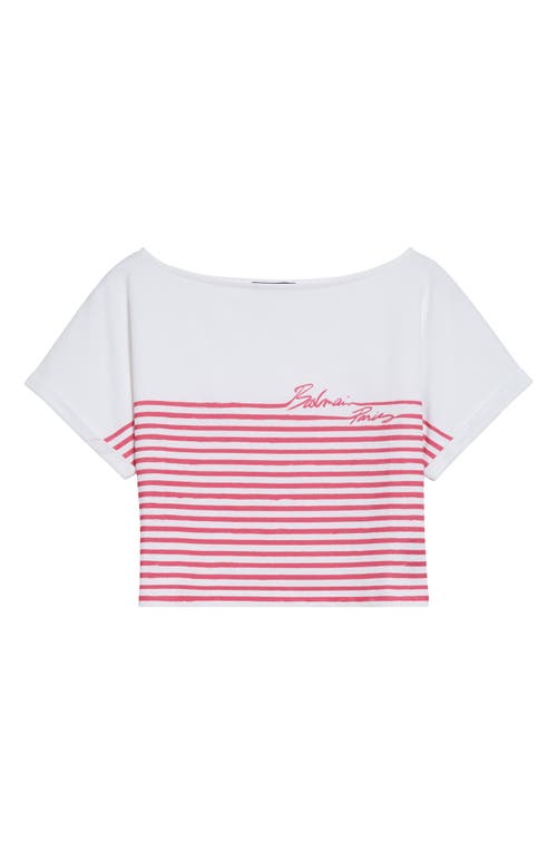 Balmain Marinière Stripe Crop Logo T-shirt In Pink