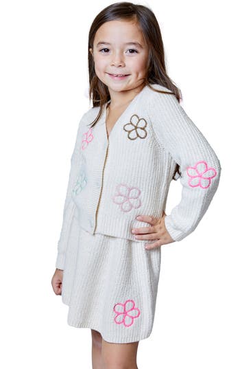 Design History Kids' Floral Embroidered Cardigan & Skirt Set In White