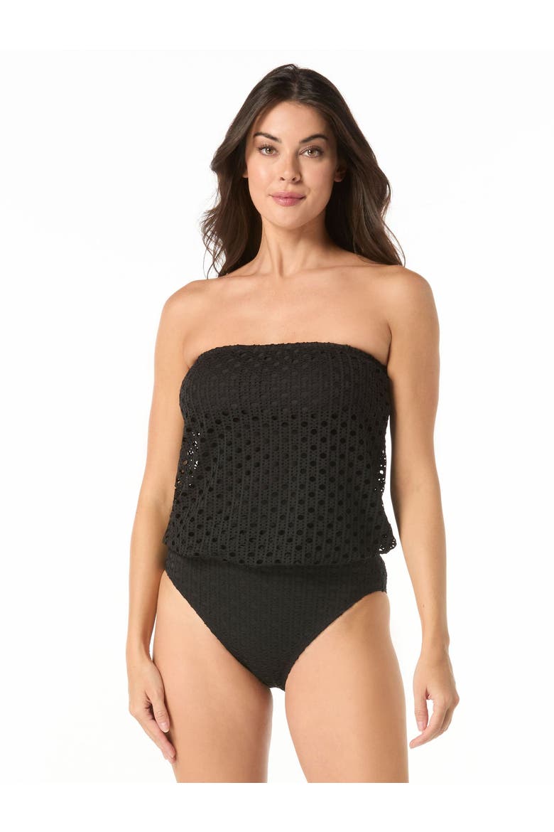 Crochet Blouson Tankini Swim Top, Main, color, Black