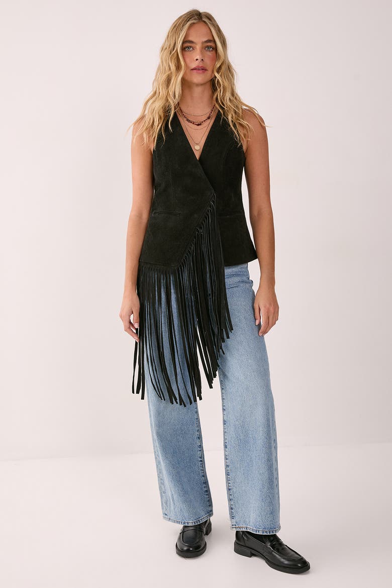 Premium Suede Fringe Waistcoat, Alternate, color, Black