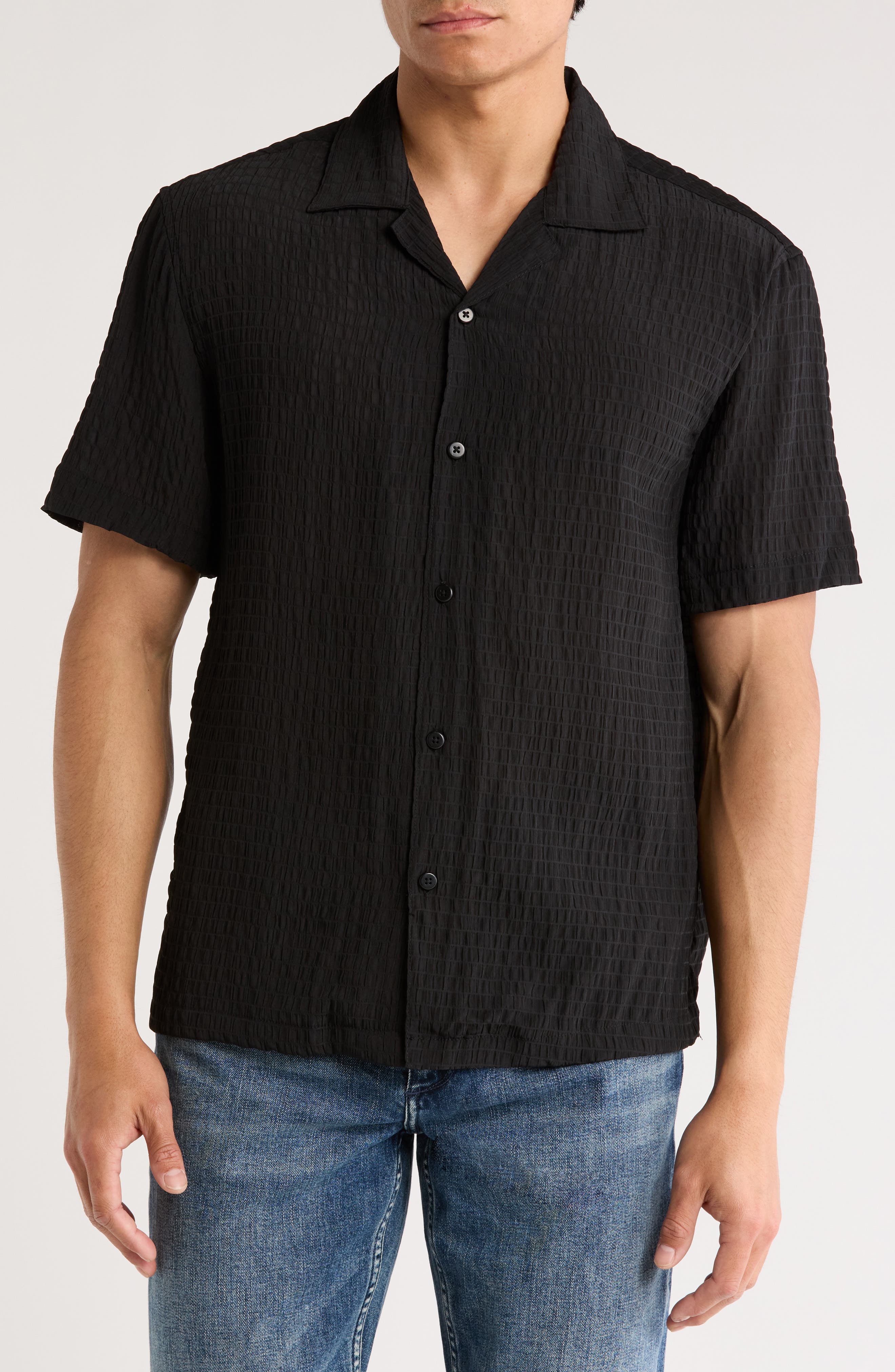 DENIM AND FLOWER Black Gathered Texture Camp Shirt