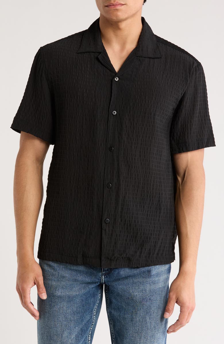 DENIM AND FLOWER Black Gathered Texture Camp Shirt, Main, color, Black