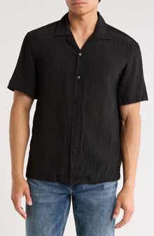 DENIM AND FLOWER Black Gathered Texture Camp Shirt