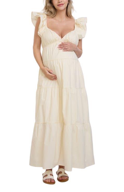 Ruffle Sleeve Tie-Back Maternity Maxi Dress