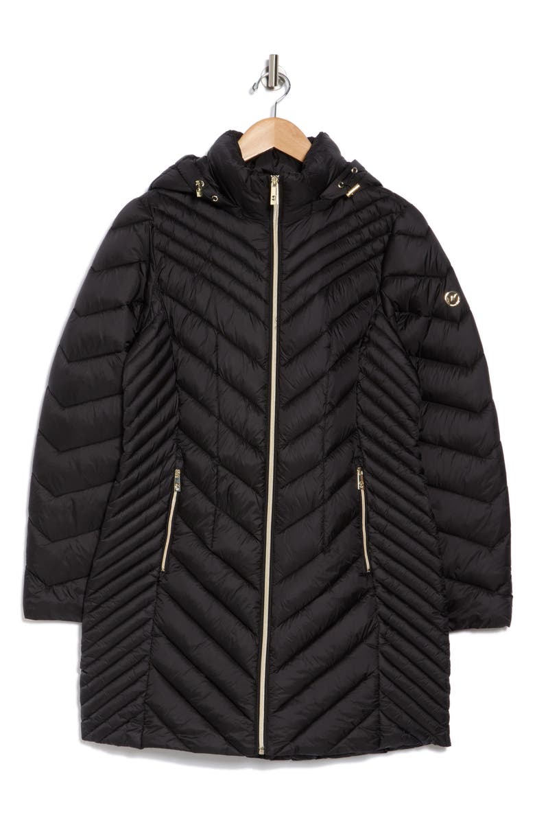 Michael Kors Hooded Chevron Quilted Long Puffer Jacket, Alternate, color,