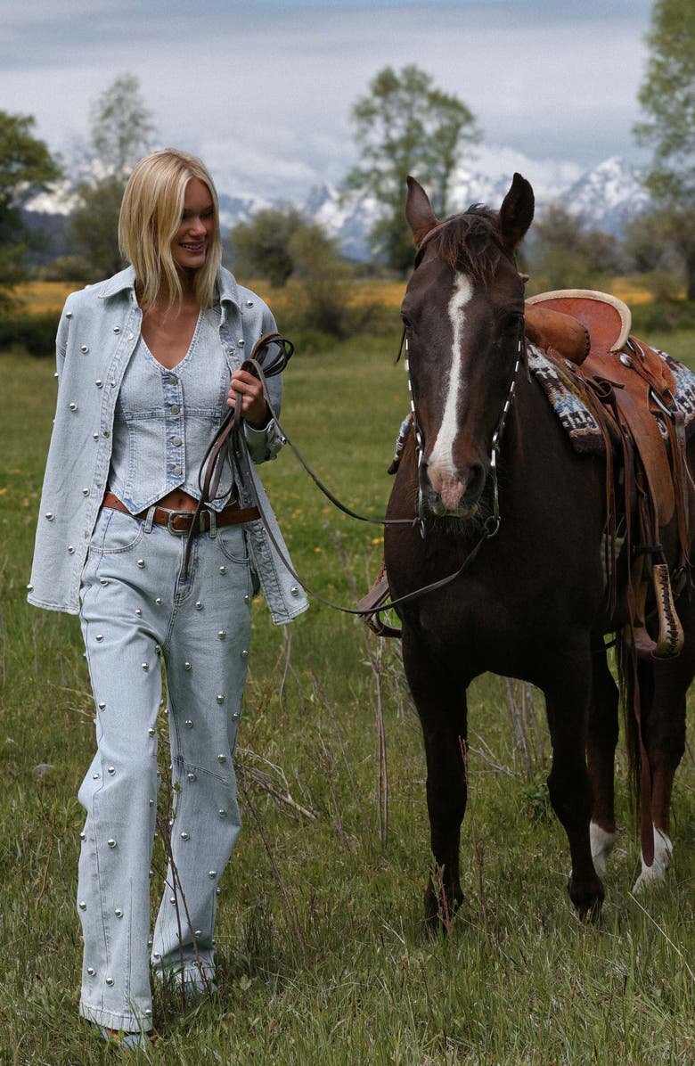 Avec Les Filles Allover Stud Straight Leg Jeans, Alternate, color, Fjord Wash