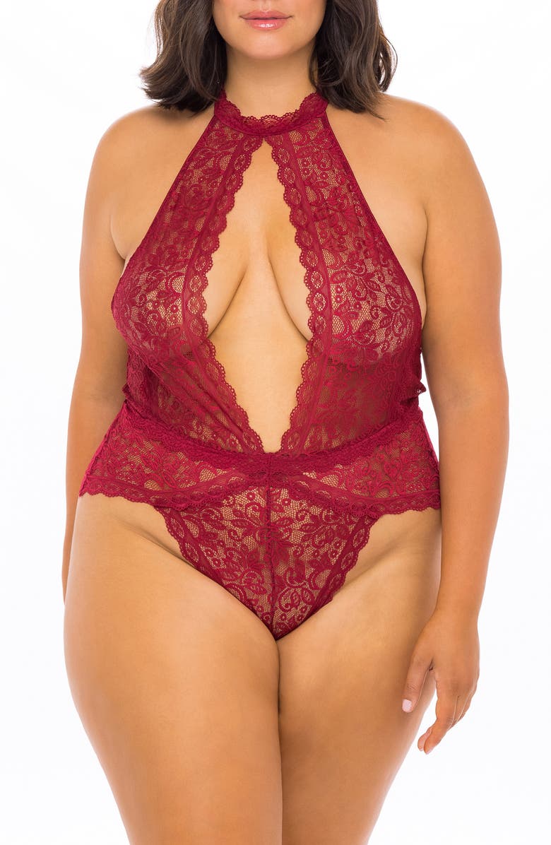 Oh La La Cheri Plunge Keyhole Lace Teddy, Main, color, Dkred09