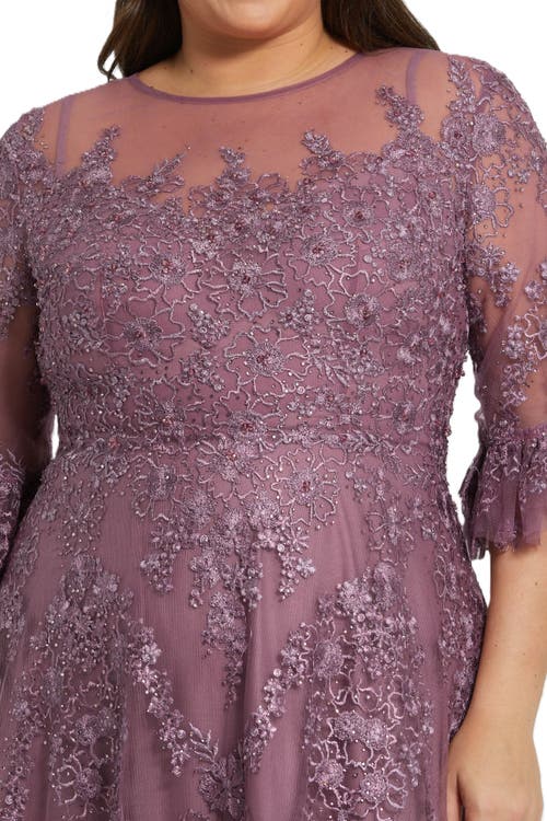 Mac Duggal High Neck Flutter Sleeve Embroidered A Line Gown In Vintage Lilac