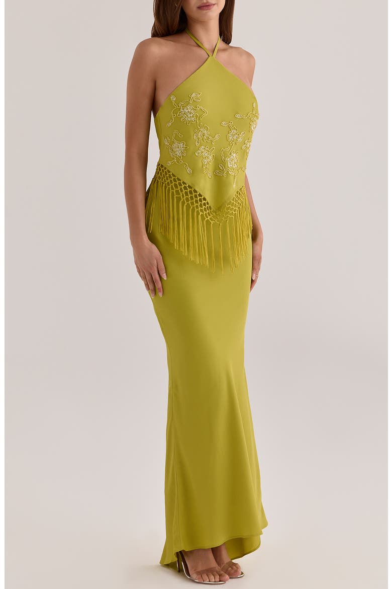 Sareena Bead Embellished Fringe Halter Dress, Alternate, color, PEAR