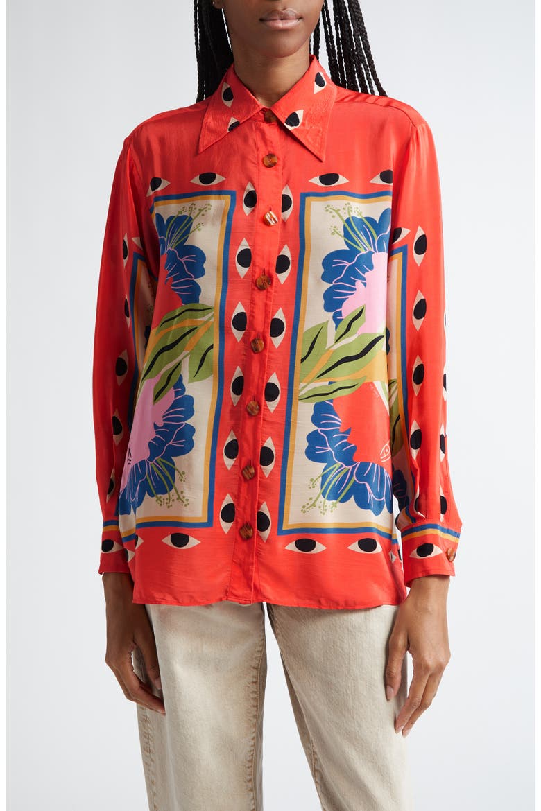 Surreal Scarf Print Button-Up Shirt, Main, color, SAND