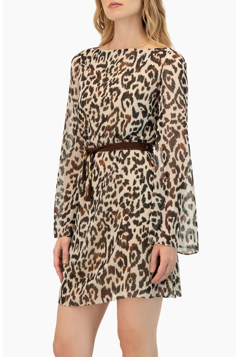 Short Animal Print Dress with Waist Tie, Alternate, color, Brown