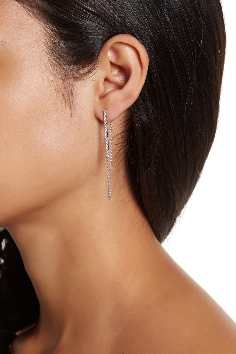 White Rhodium Plated Swarovski Crystal Accented Vertical Bar and Chain Earrings, Main, color, SILVER