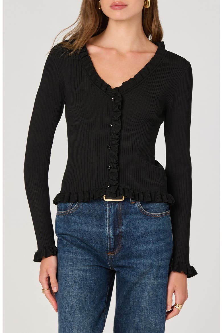 Ruffle Hem Button-Up Cardigan, Main, color, BLACK