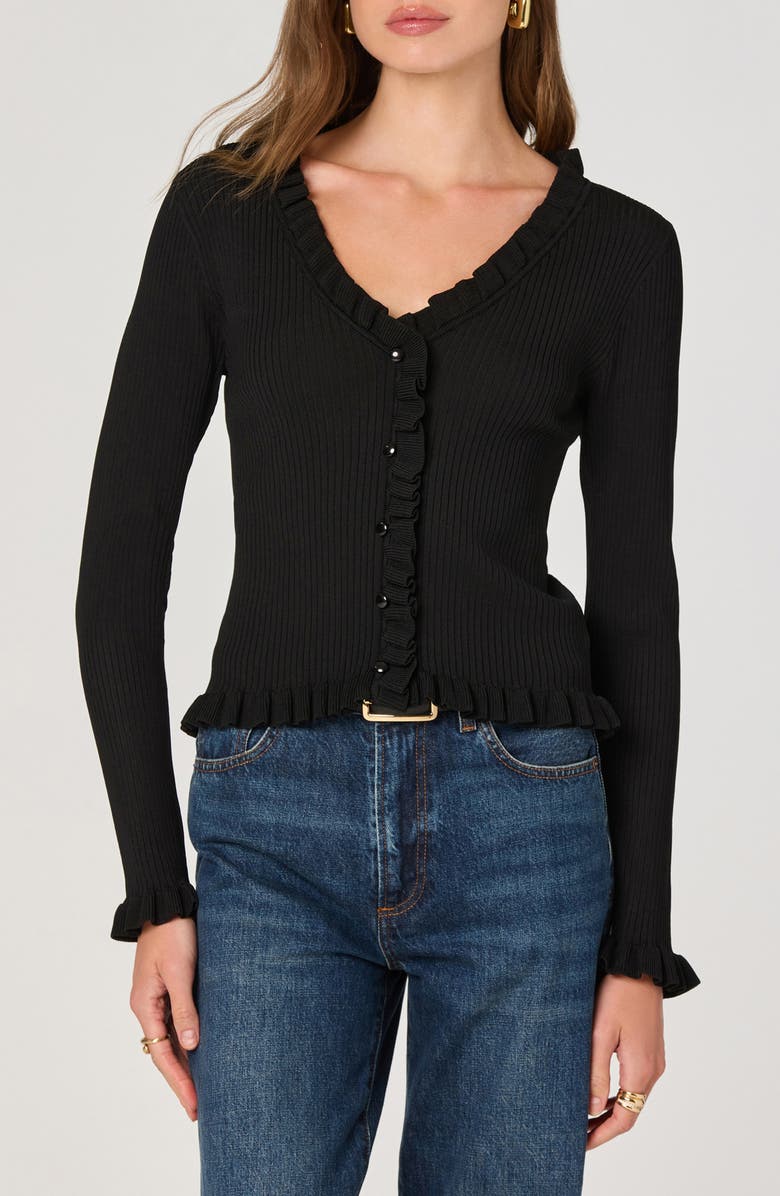 ASTR the Label Ruffle Hem Button-Up Cardigan, Main, color, Black